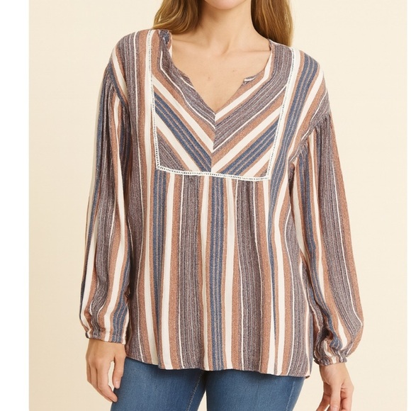 Loralette top blouse V-neck babydoll style striped plus size 2XL balloon sleeve - Picture 1 of 12